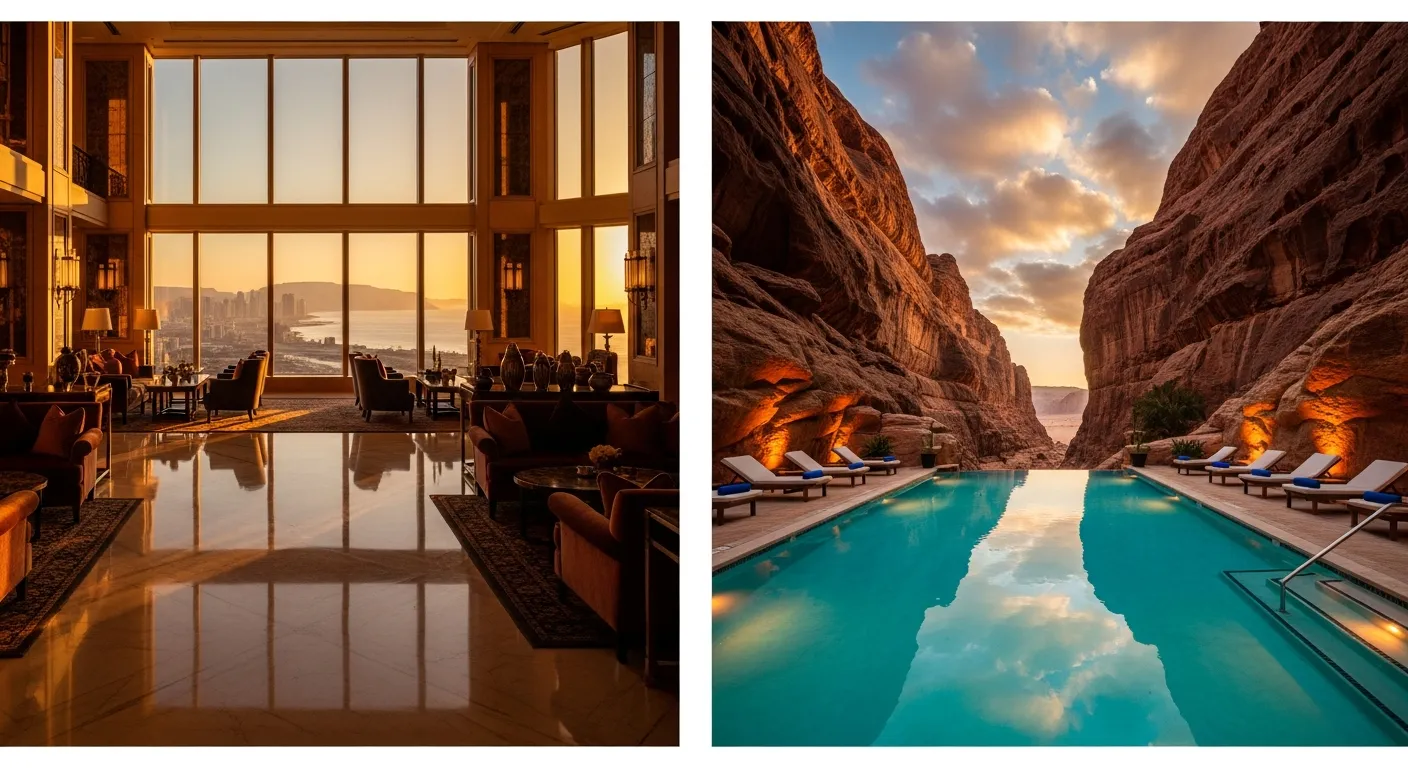 Infinity pool wedged between towering limestone canyon walls at Banyan Tree AlUla