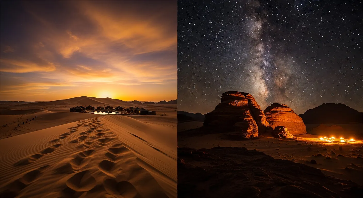 AlUla desert landscape at night under the Milky Way with sandstone formations silhouetted against stars