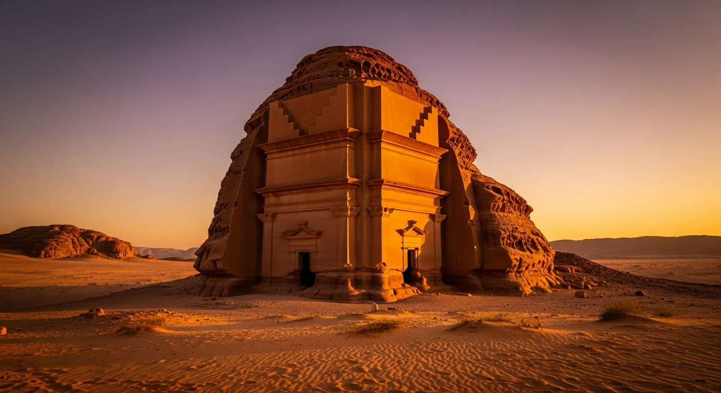 Qasr Al-Farid, the Lonely Castle tomb at Hegra, AlUla at golden hour