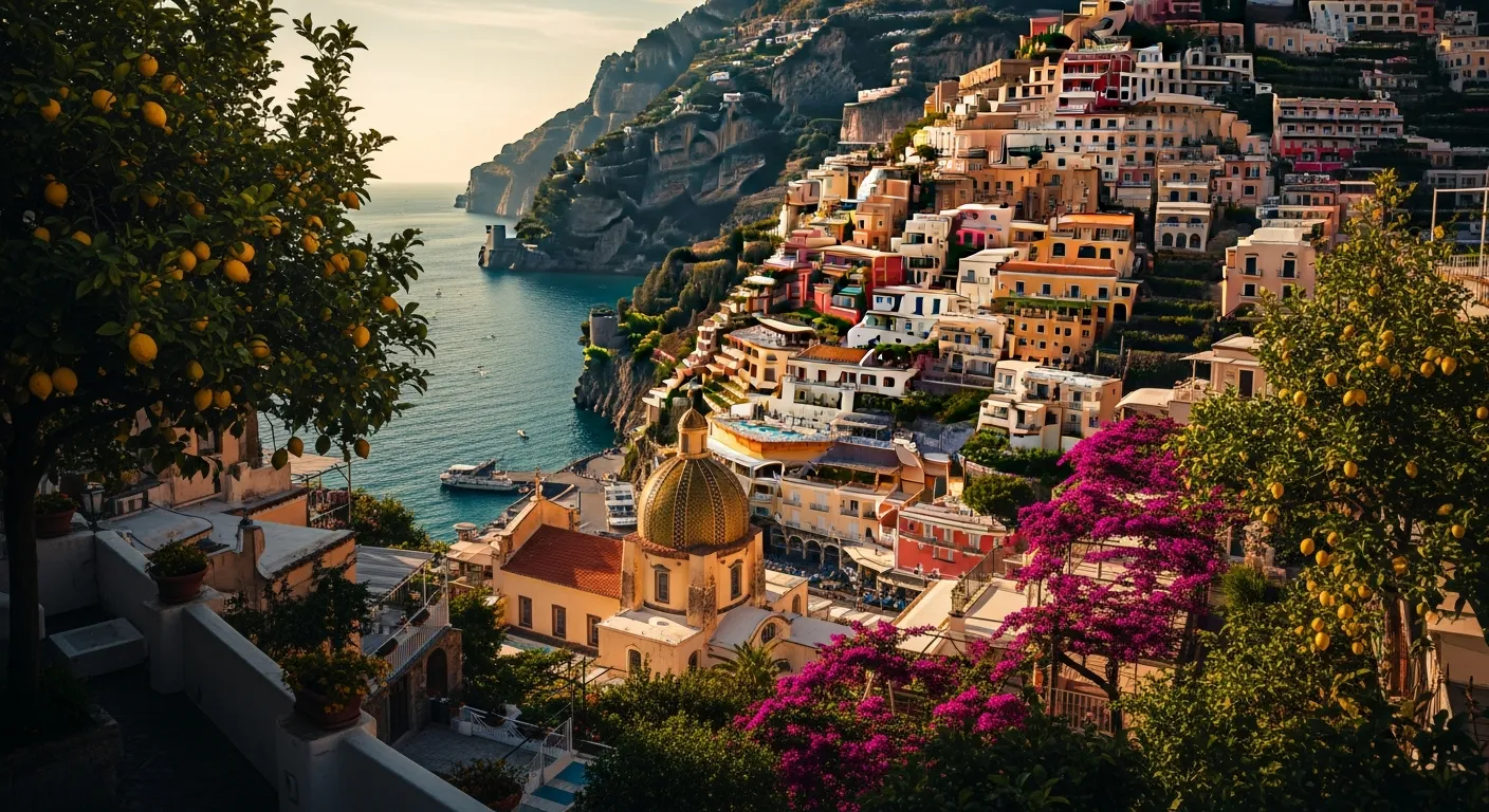 Positano village at golden hour with colorful buildings cascading to the sea