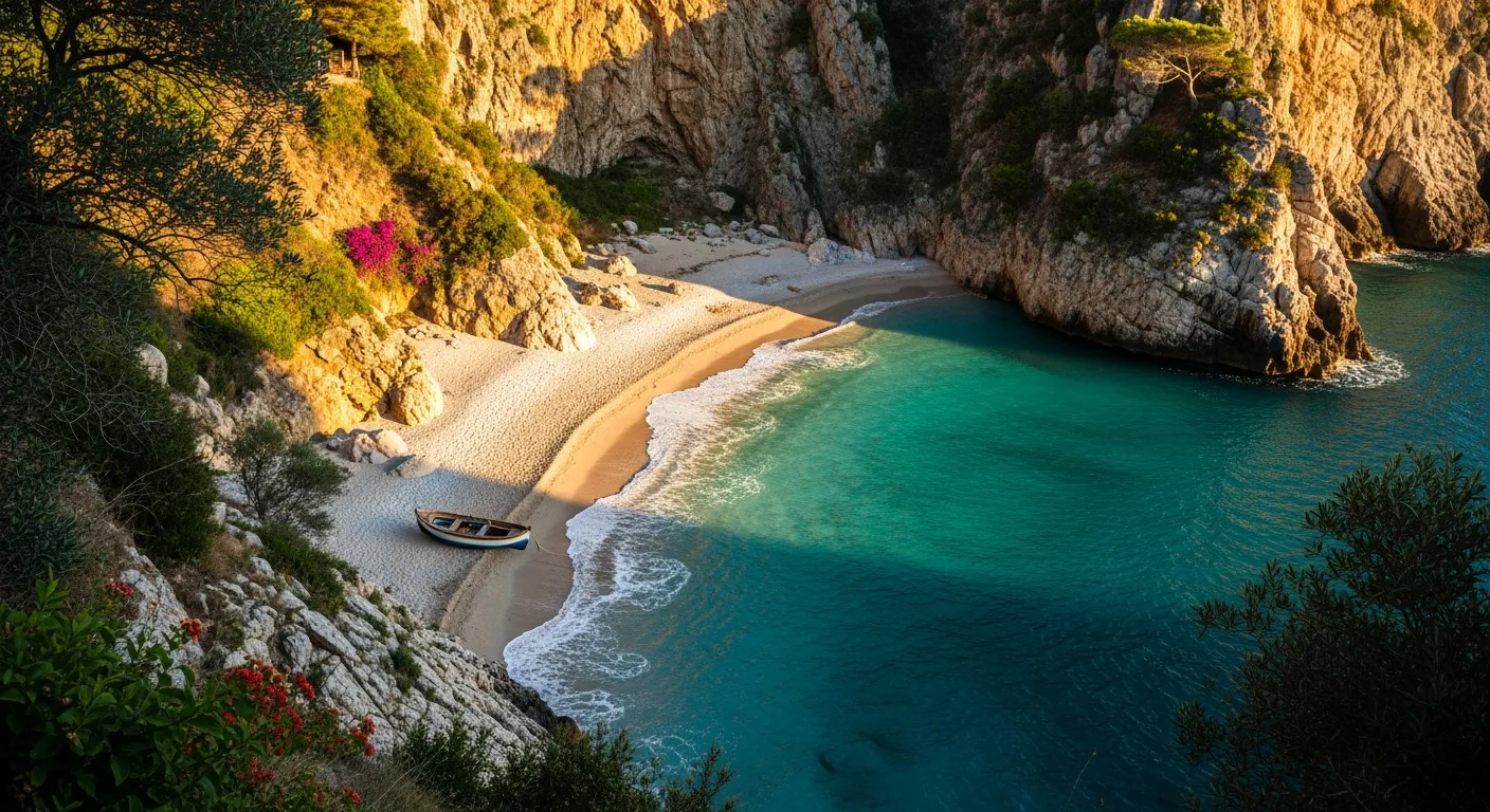 Hidden cove along the Amalfi Coast with turquoise water and limestone cliffs