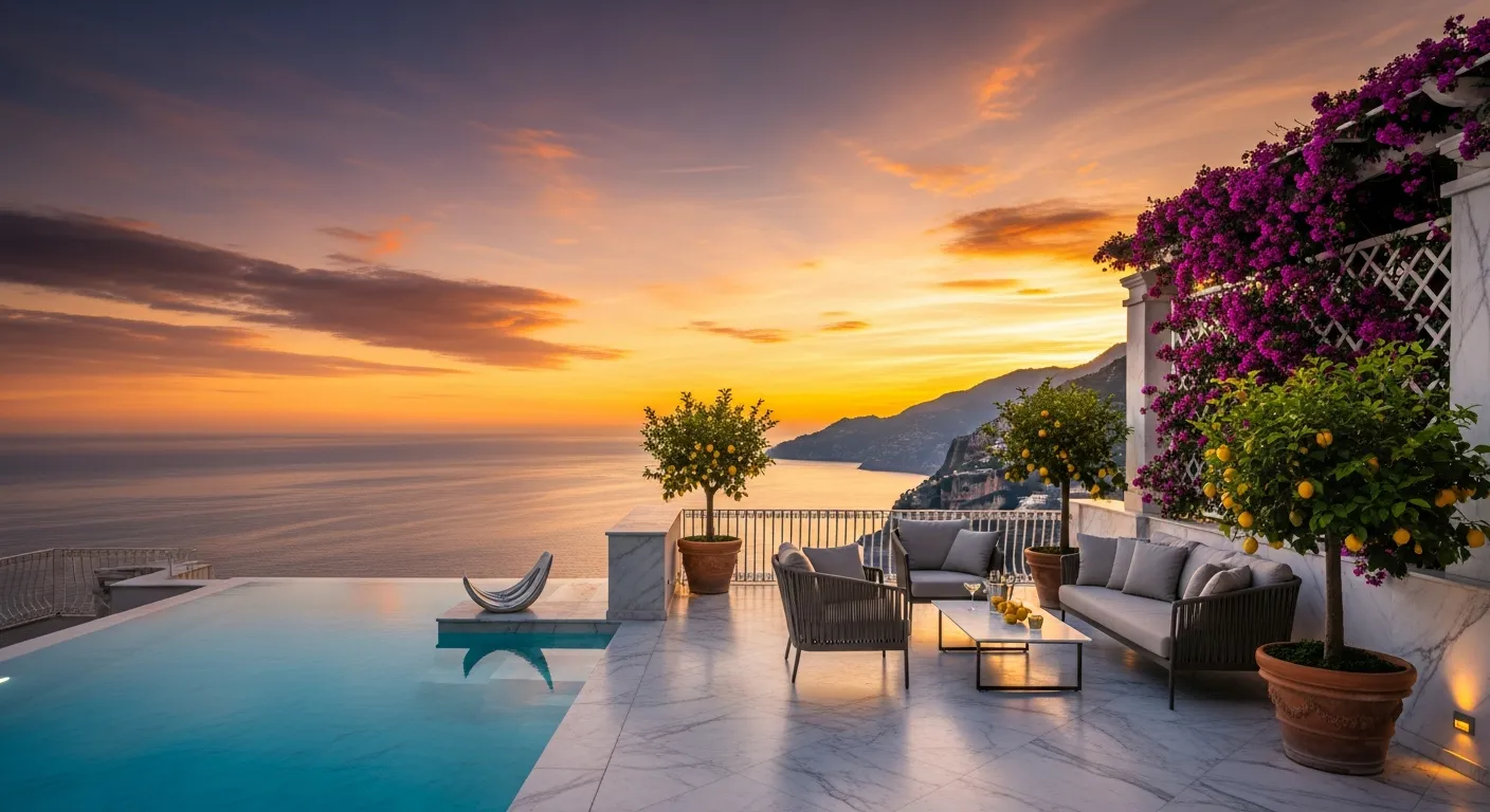Luxury hotel terrace with infinity pool overlooking the Mediterranean