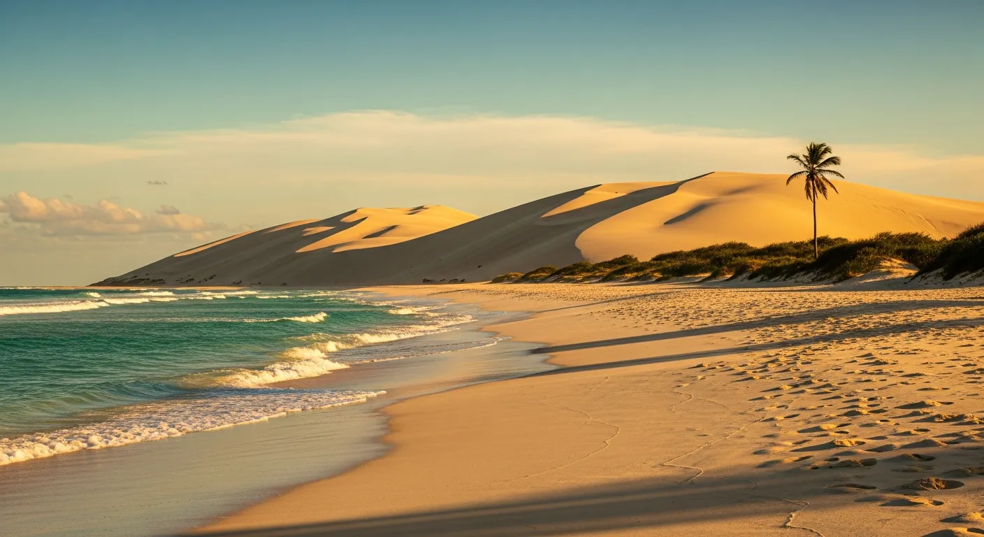 Massive sand dunes meeting turquoise Indian Ocean on Bazaruto Island