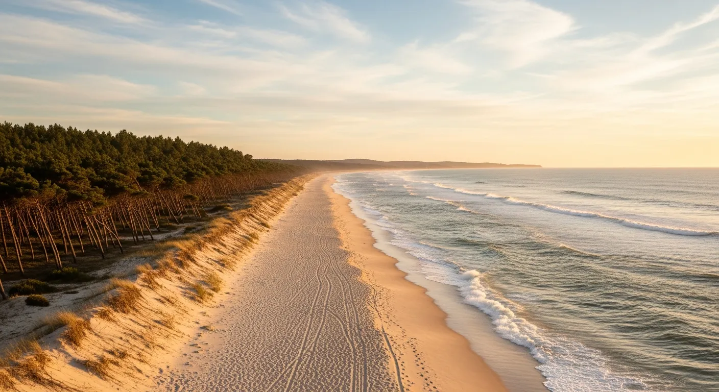 Comporta beach at sunset with maritime pine forest and Atlantic waves