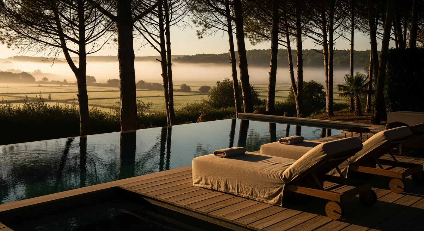 Infinity pool at a luxury Comporta hotel surrounded by maritime pine trees