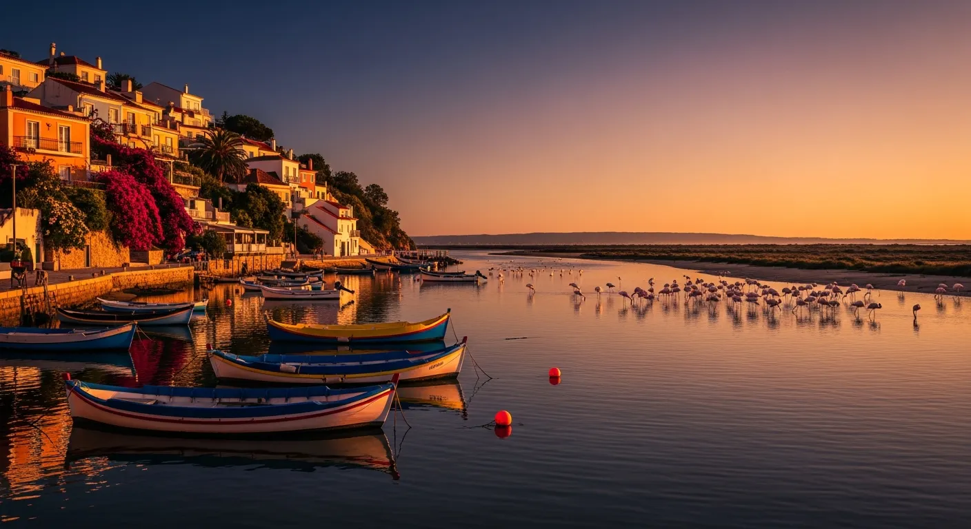 Sado Estuary at golden hour with traditional Portuguese fishing boats