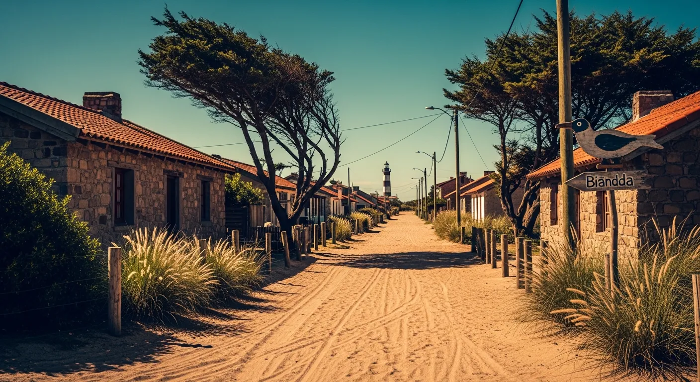 Unpaved sandy street in José Ignacio village with lighthouse in the distance