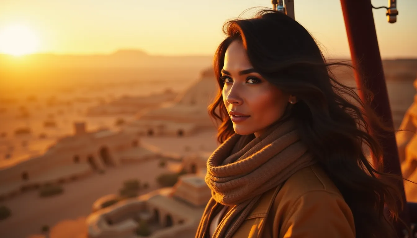 Kaira in a hot air balloon basket at sunrise over AlUla's desert landscape