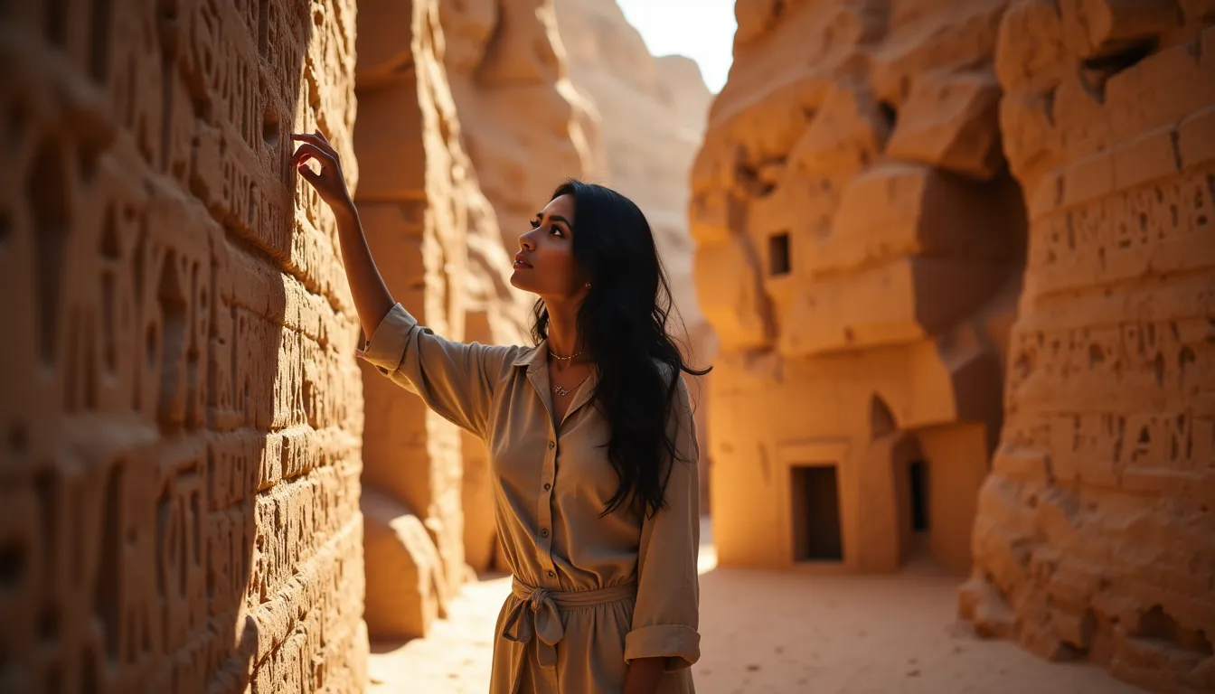 Kaira exploring ancient inscriptions carved into canyon walls at Jabal Ikmah, AlUla