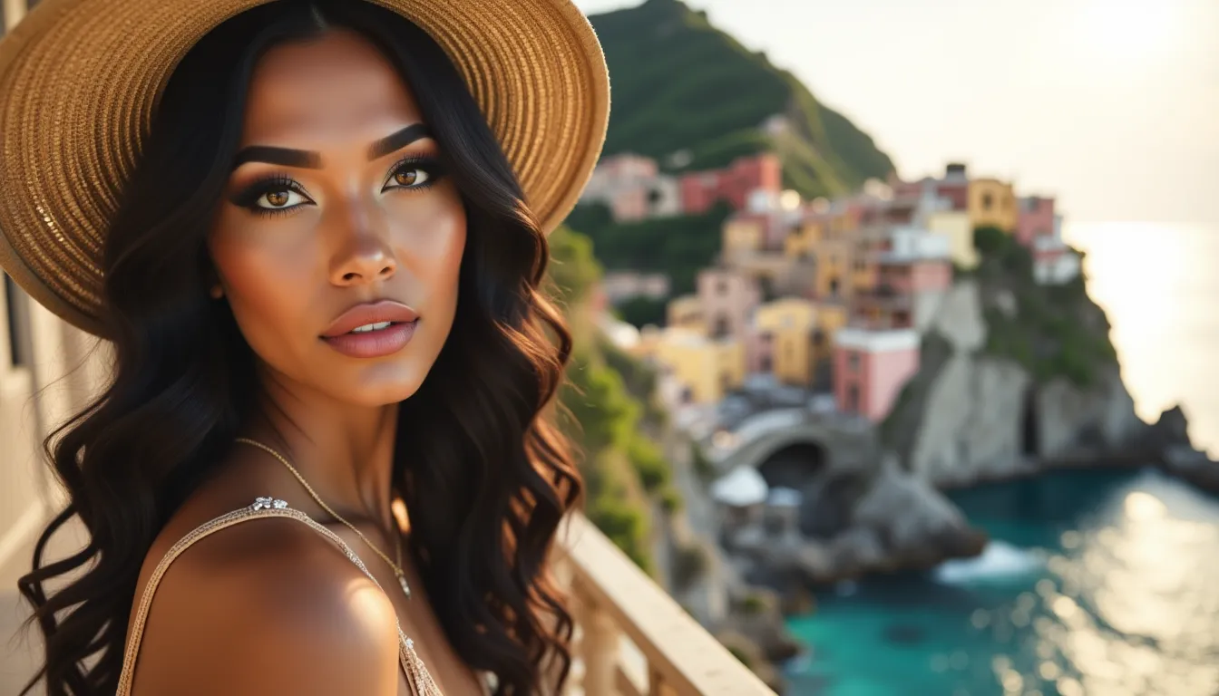 Kaira on a terrace overlooking the Amalfi Coast at golden hour