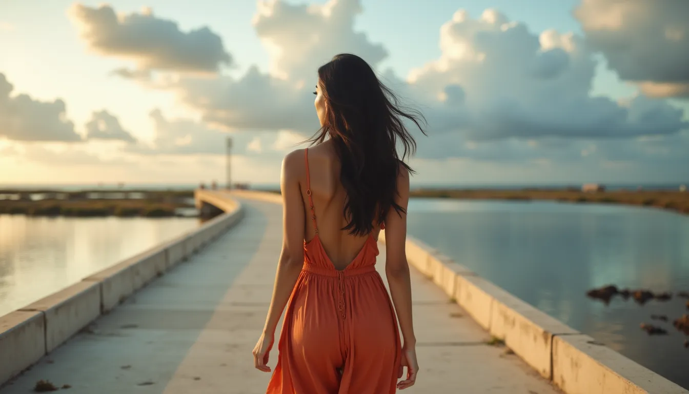 Kaira walking along the circular Laguna Garzon bridge in Uruguay