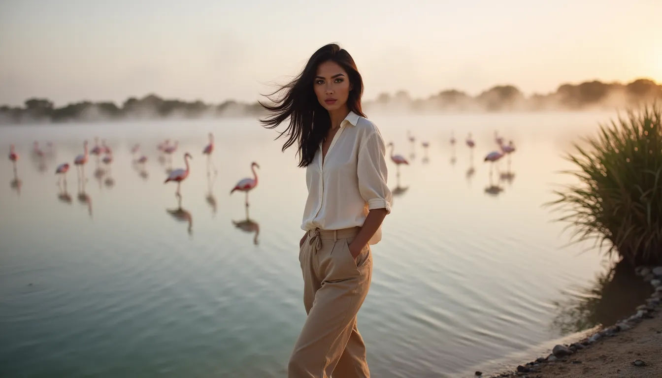 Kaira at the edge of Laguna José Ignacio at dawn with flamingos