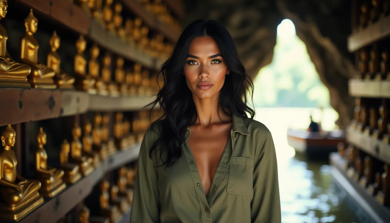 Kaira inside Pak Ou Cave surrounded by golden Buddha statues