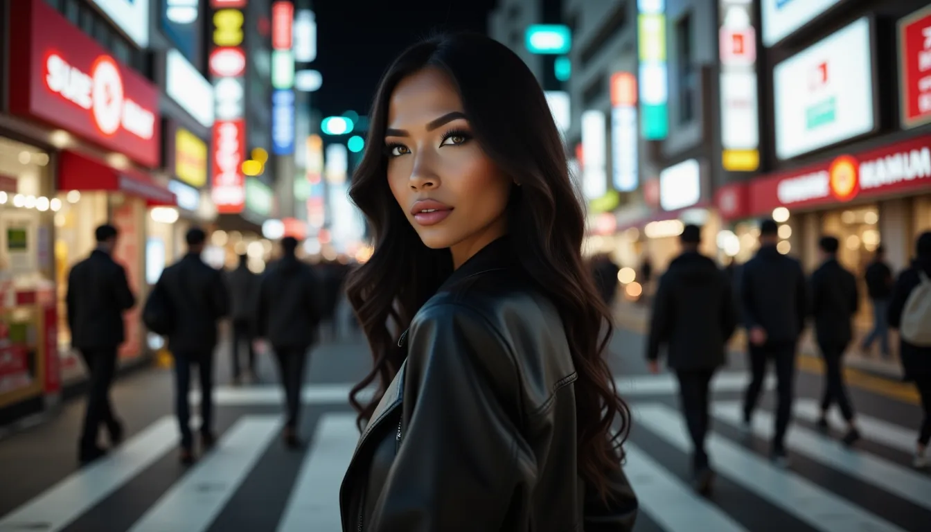 Kaira crossing a Tokyo street at Shibuya with neon lights