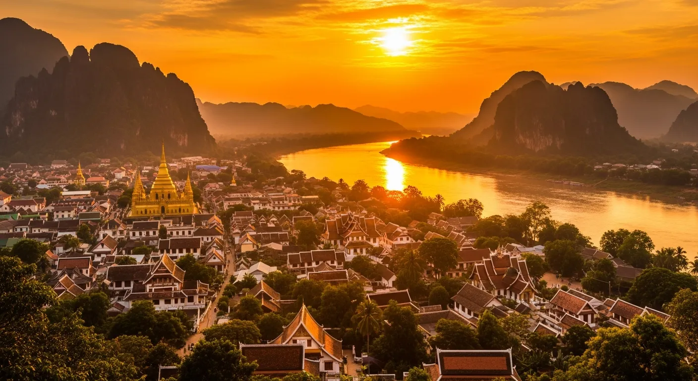 Panoramic view of the Mekong River from a Luang Prabang hilltop at sunset