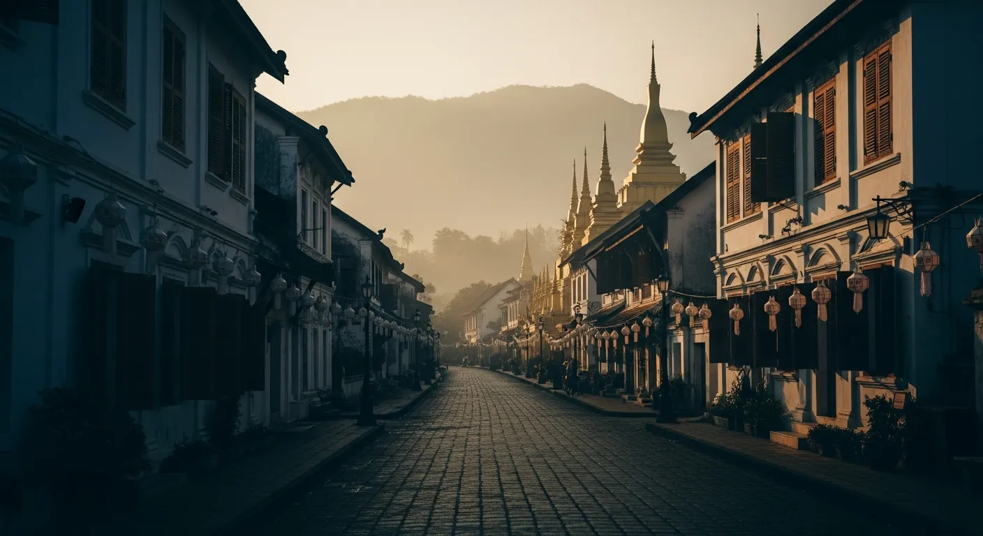 Luang Prabang old town at dawn with temple spires rising through morning mist
