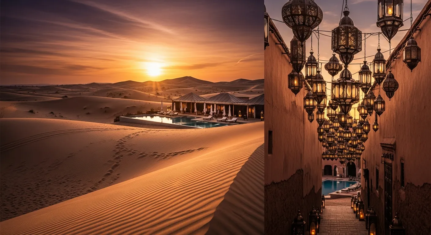 Marrakech medina alley with ornate brass lanterns and warm golden light