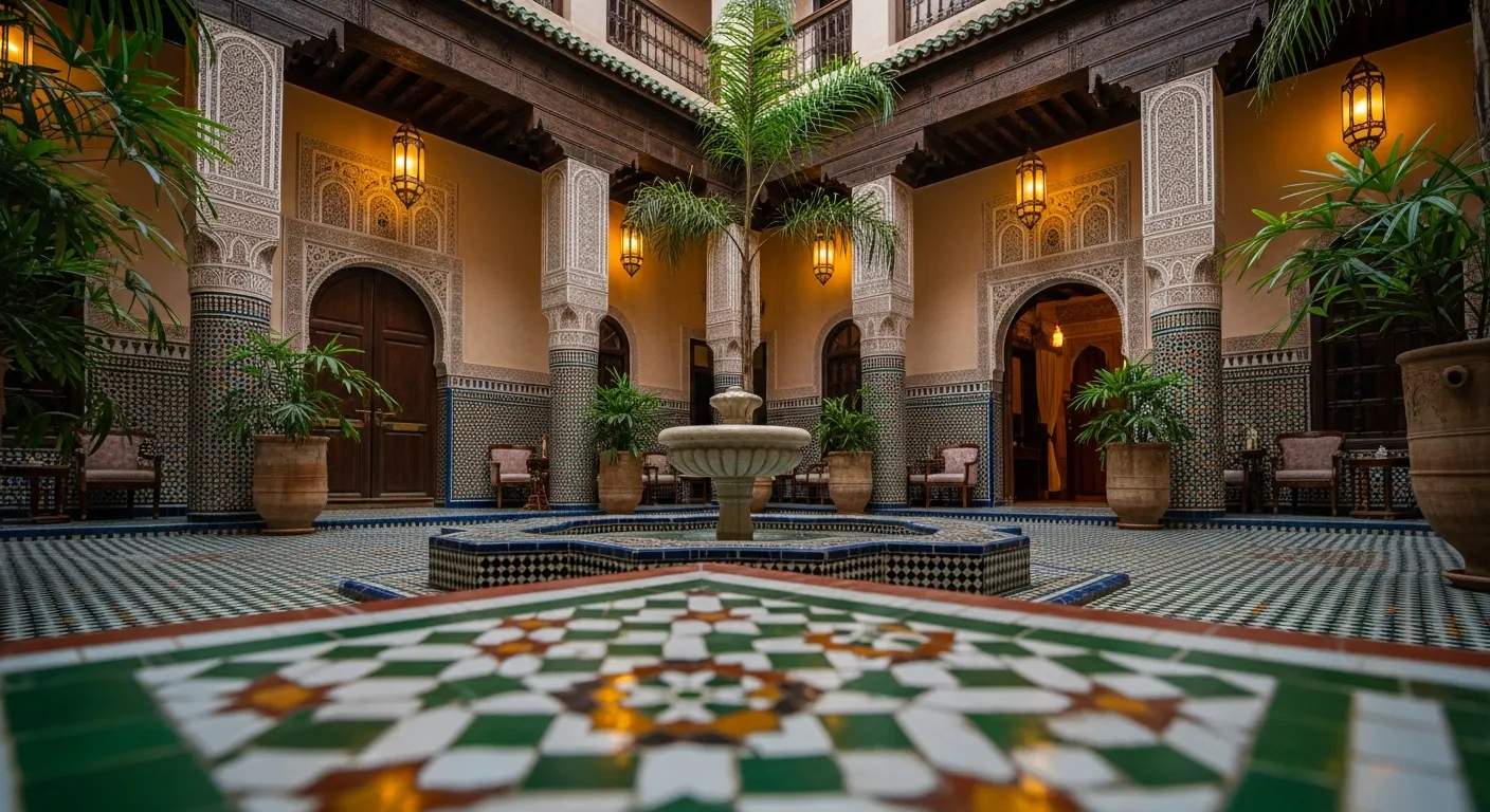 Luxurious Moroccan riad interior with zellige tilework and fountain