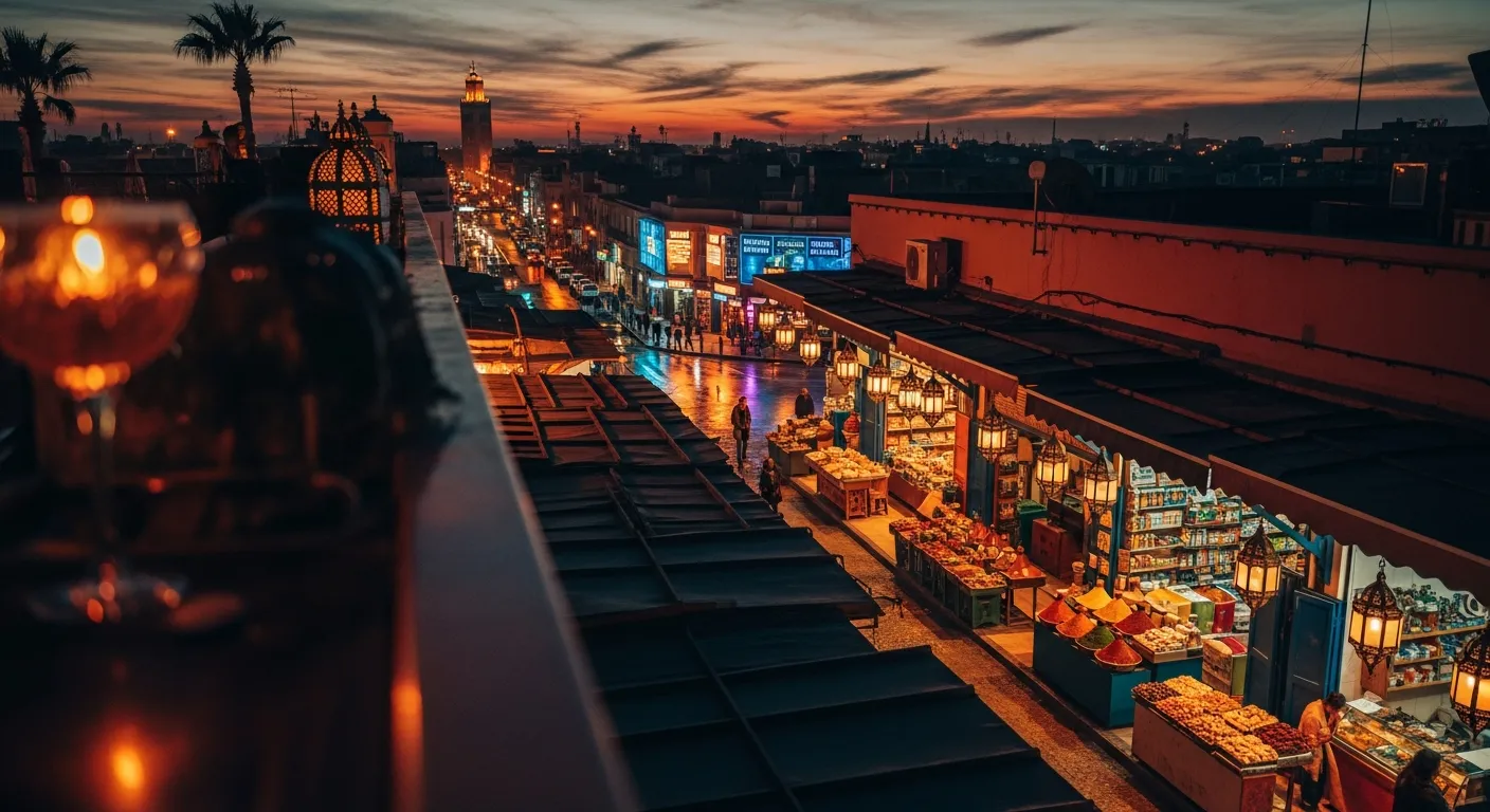 Marrakech marketplace at evening with warm lantern glow