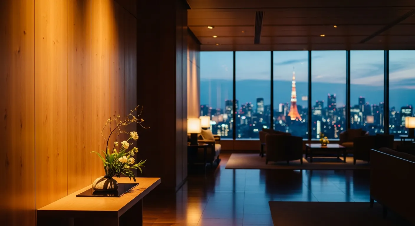 Minimalist Japanese luxury hotel lobby with camphor wood and ikebana