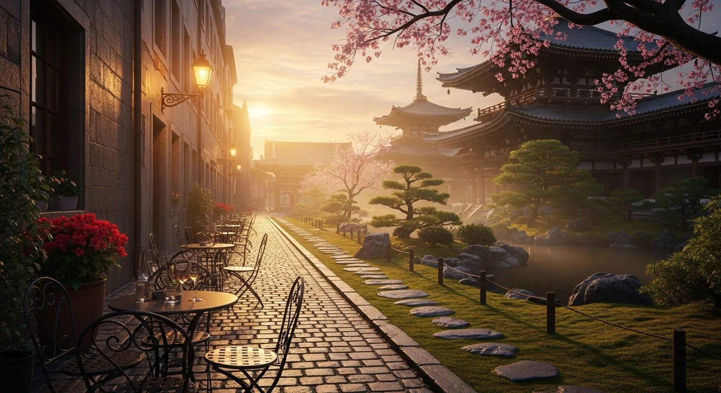 Serene Japanese temple garden at dawn with morning mist