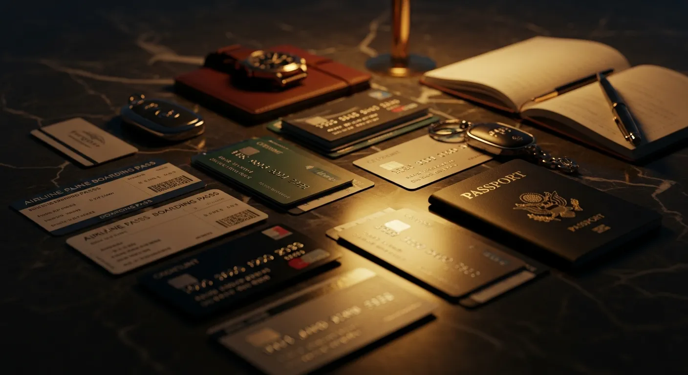 Scattered airline boarding passes and credit cards on dark marble surface