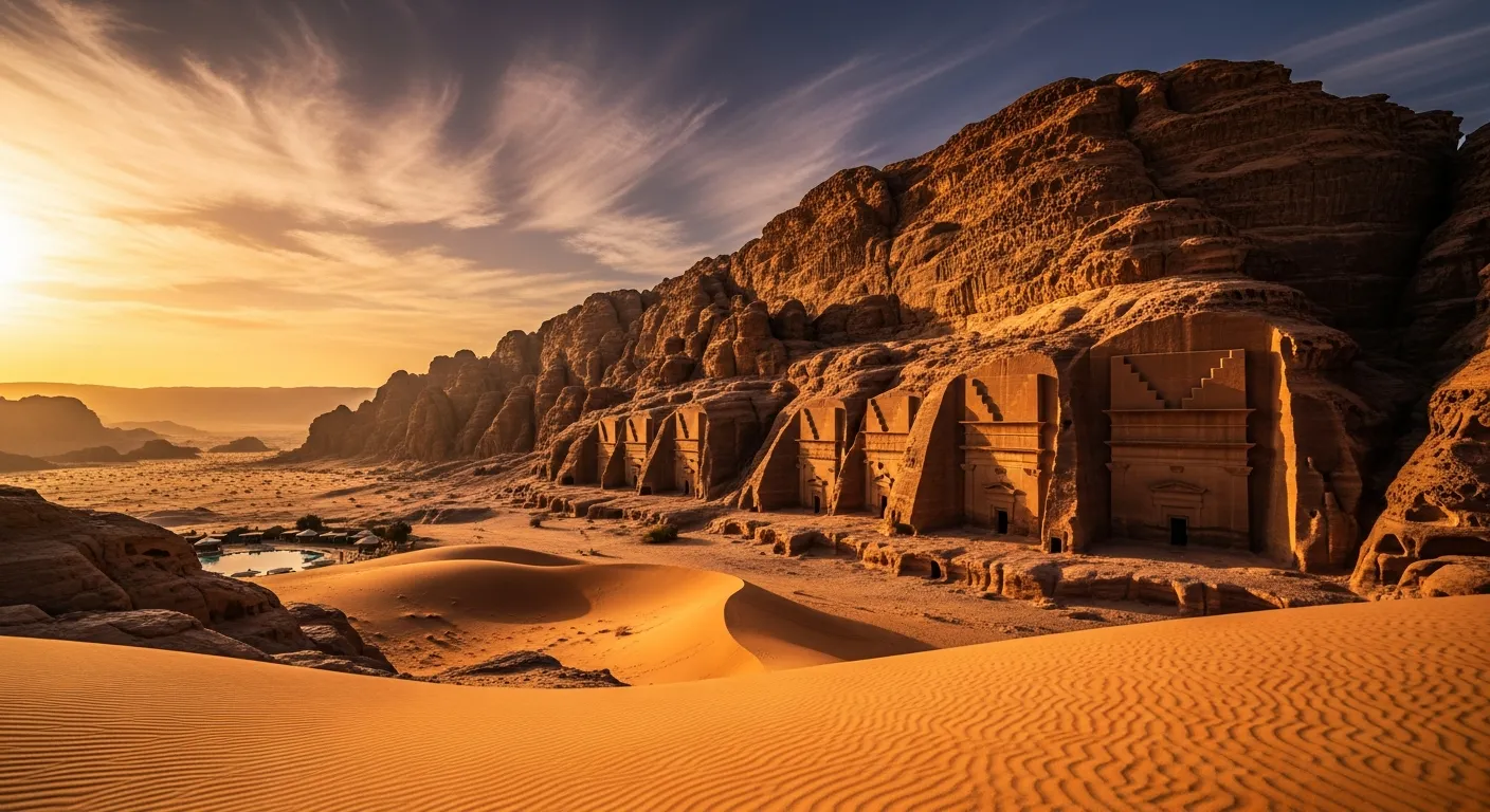 Ancient Nabataean tombs carved into sandstone at Hegra, AlUla