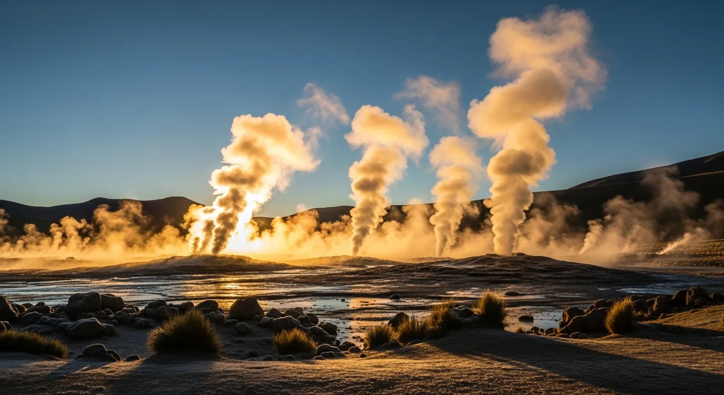 Steam rising from El Tatio geysers at dawn in the Atacama Desert