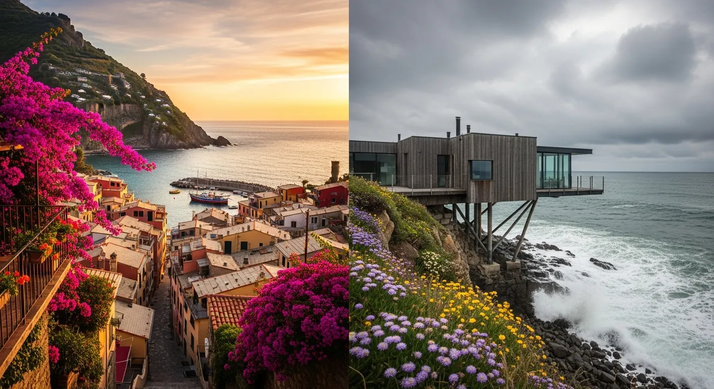 Fogo Island Inn perched on stilts above the rocky Newfoundland shoreline