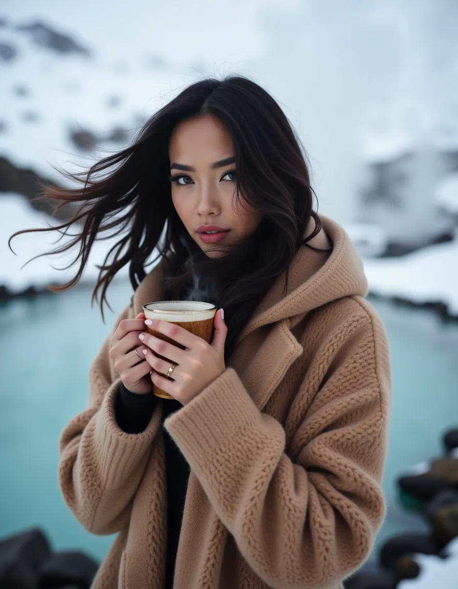 Kaira at the edge of a steaming geothermal pool in Iceland