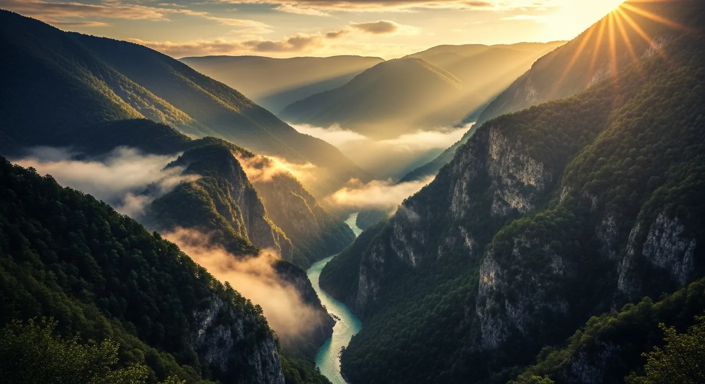 Tara River Canyon in Montenegro at dawn with morning mist rising