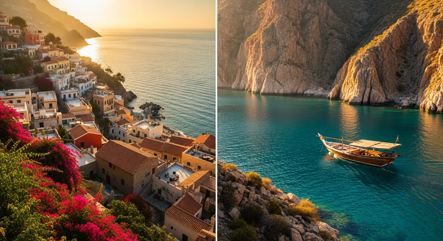 Traditional dhow on turquoise water in Oman's Musandam fjords