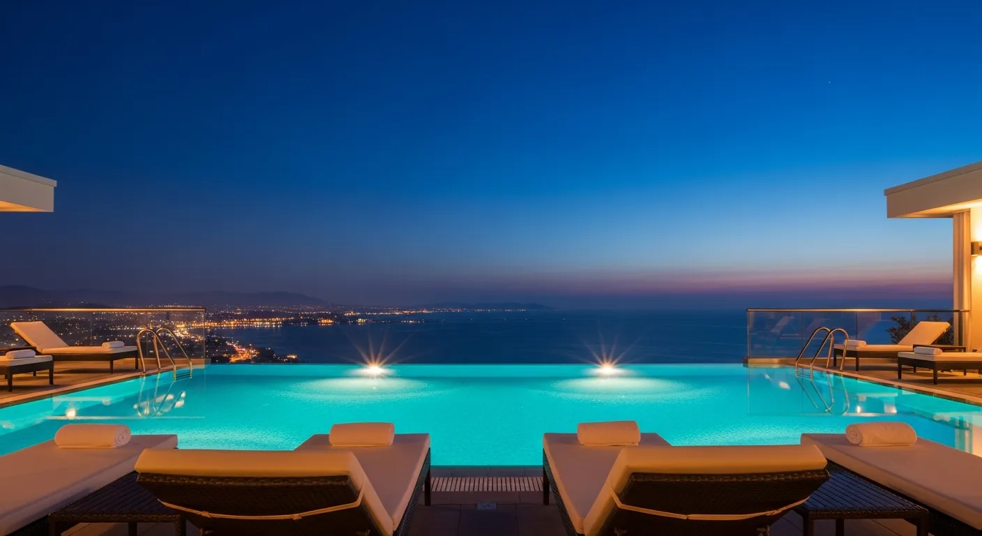 Empty luxury hotel pool at twilight — the amenity you're paying $55 a night for